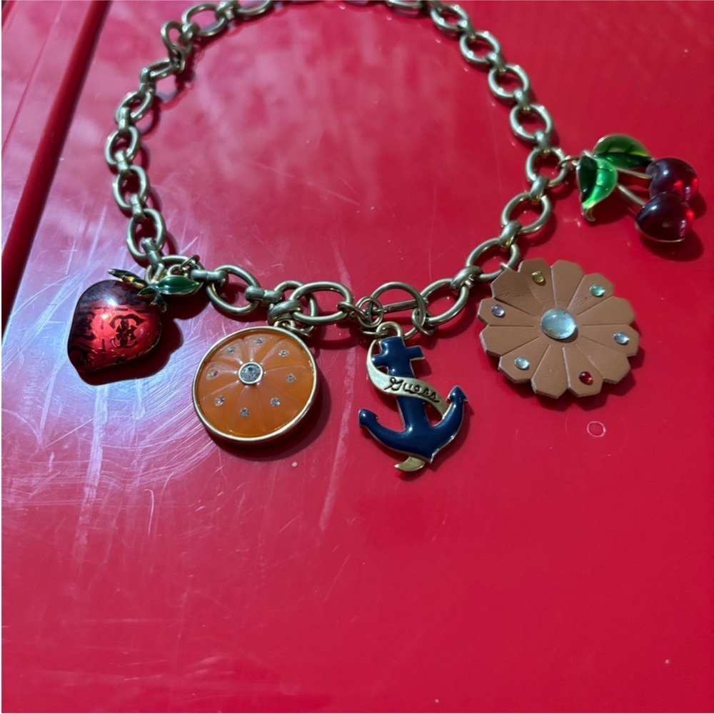 Vintage Guess, charm, necklace, strawberry, cherry, anchor, charming, rare fun